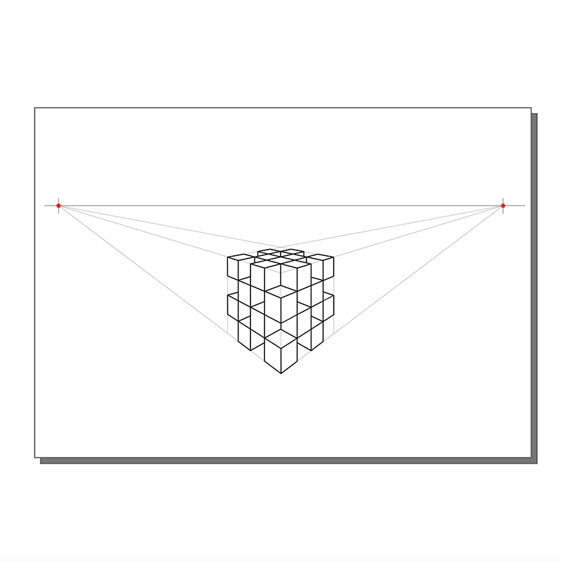 A geometric drawing shows a 3D cube composed of smaller cubes, using two-point perspective with vanishing points marked in red on the horizon line at both ends. Thin guide lines connect the cube edges to the vanishing points.