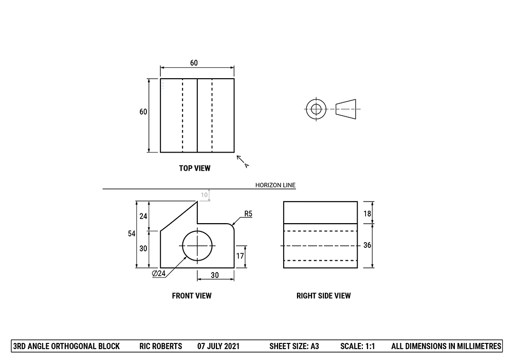 Technical drawing of a rectangular block with a circular hole and a slanted cut, showing top, front, and right side views with detailed dimensions in millimeters.