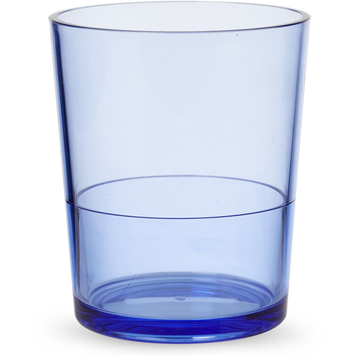 A transparent blue plastic tumbler with a thick base, shown empty against a white background.