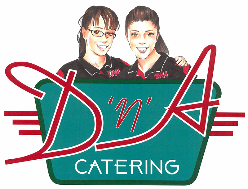 Illustration of two smiling women in black shirts above a retro-style sign reading DnA Catering in bold red and white letters on a green and teal background.