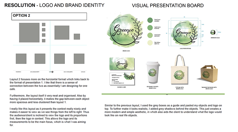 A visual presentation board displays a green and black circular logo for Greengo Cafe on various items including business cards, coffee cups, and a tote bag, with layout and branding notes alongside the images.
