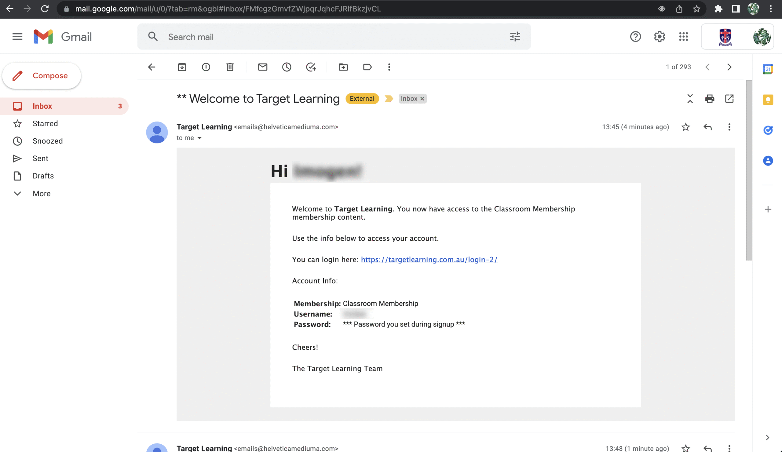 Screenshot of a Gmail inbox showing a welcome email from Target Learning, confirming access to a Classroom Membership account, with login link and membership details displayed in the message.