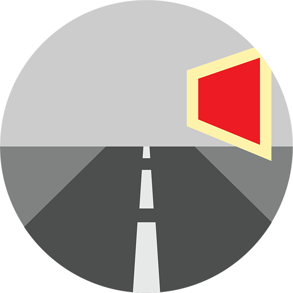 A graphic of a road with dashed white center lines, leading toward a large gray semicircle. A red hexagonal sign with a yellow border is on the right side, resembling a stylized traffic sign.