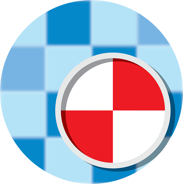 A circular icon with a red and white quartered pattern in the center, set against a background of various shades of blue squares arranged in a checkerboard pattern.