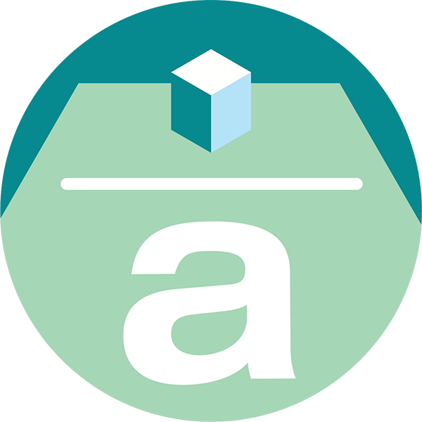 A stylized lowercase letter a on a green circular background, with a white horizontal line above it and a blue and white 3D cube on top, set against a teal background.