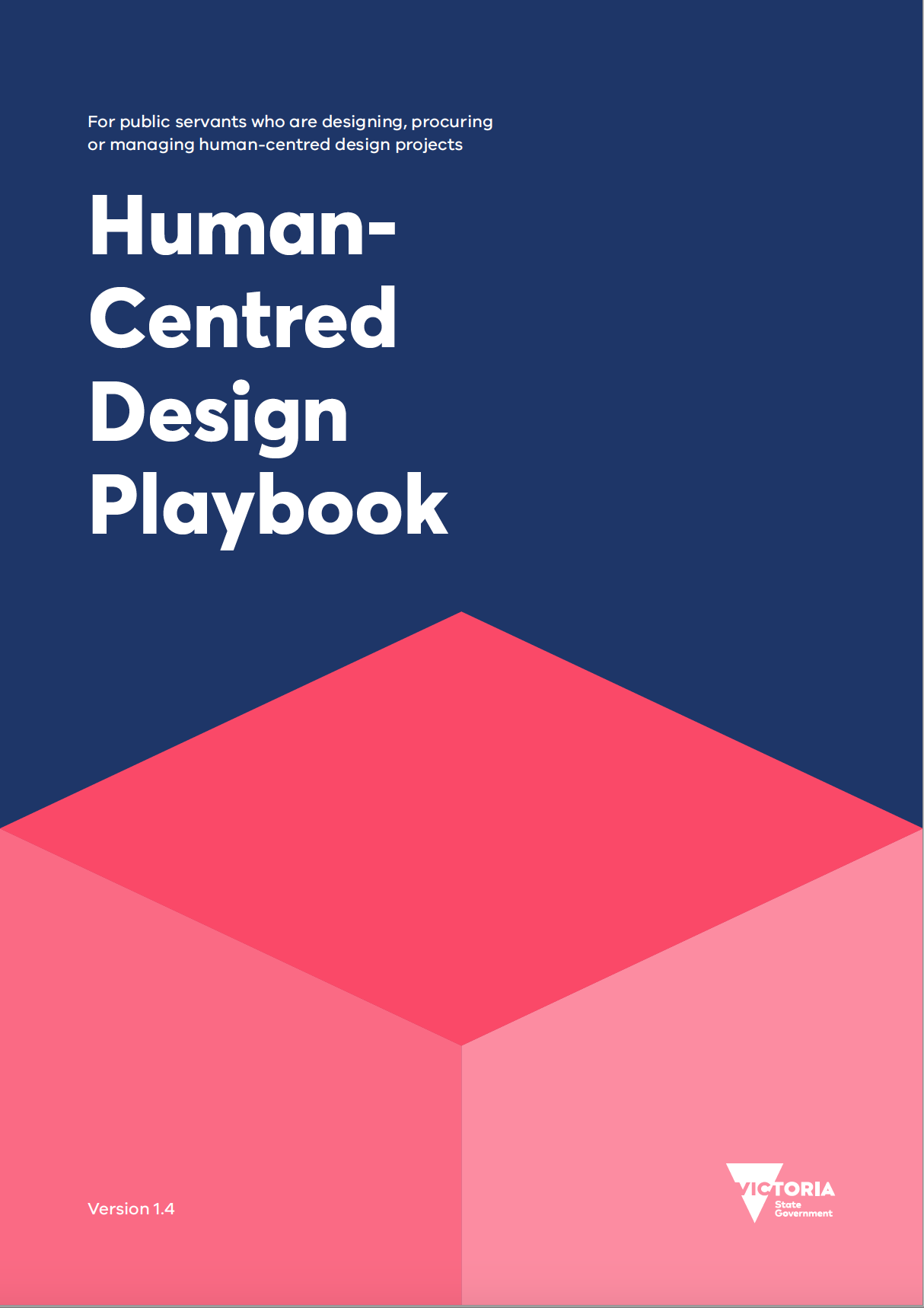 Cover of the Human-Centred Design Playbook with bold white text on a dark blue background and a pink geometric shape below. Victoria State Government logo appears at the bottom right, along with Version 1.4.