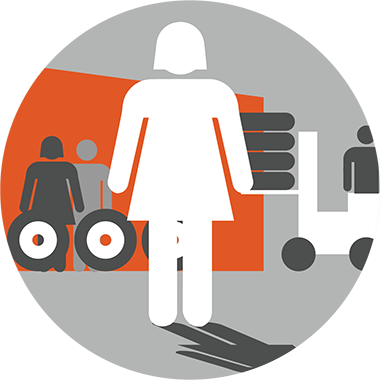 Stylized graphic of a woman in the foreground, with figures, large tires, and a forklift in the background, all in grayscale and orange tones.