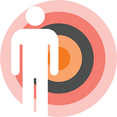 A white, simplified human figure stands in front of a multicolored target with concentric orange, dark gray, and red circles on a light pink background, symbolizing Human Centred Design and Ethical Research principles.