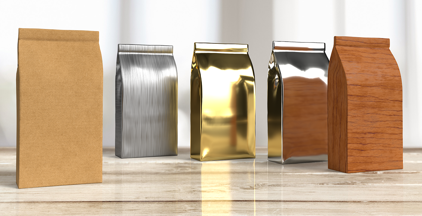 Five standing coffee bags in different materials—kraft paper, silver foil, gold foil, shiny black foil, and wood—are displayed side by side on a wooden surface with a blurred background.