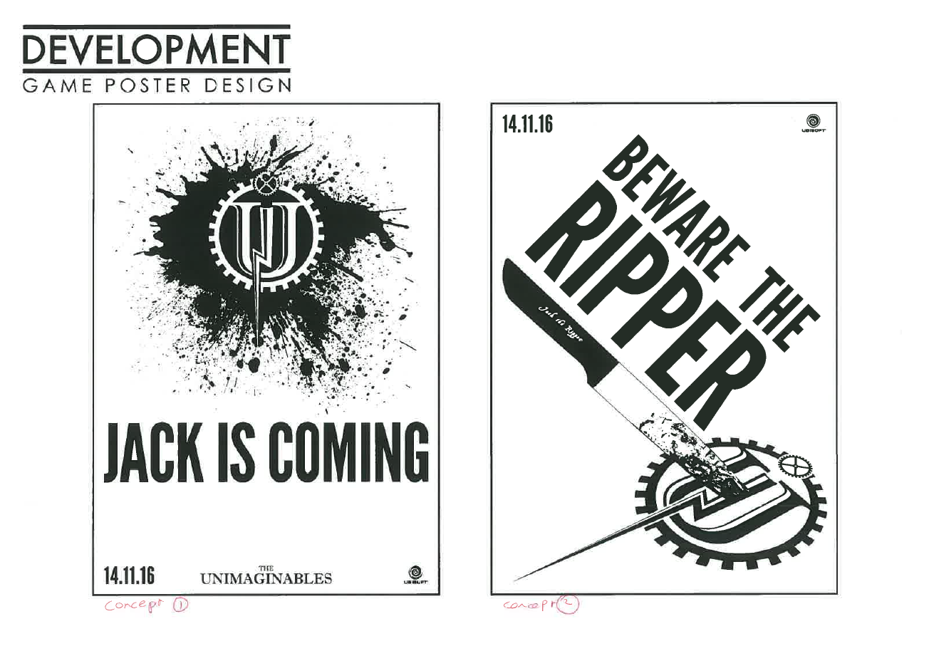 Two black-and-white game poster designs: one with a splattered emblem and the text JACK IS COMING, and another featuring a large knife cutting gears with the text BEWARE THE RIPPER. Both reference The Unimaginables.
