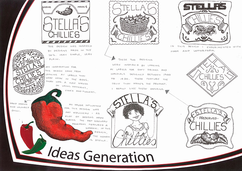 A collage of hand-drawn label designs for Stella’s Chillies, featuring chili illustrations, vintage-style borders, and handwritten notes about each concept. Ideas Generation is written across the bottom with chili graphics.