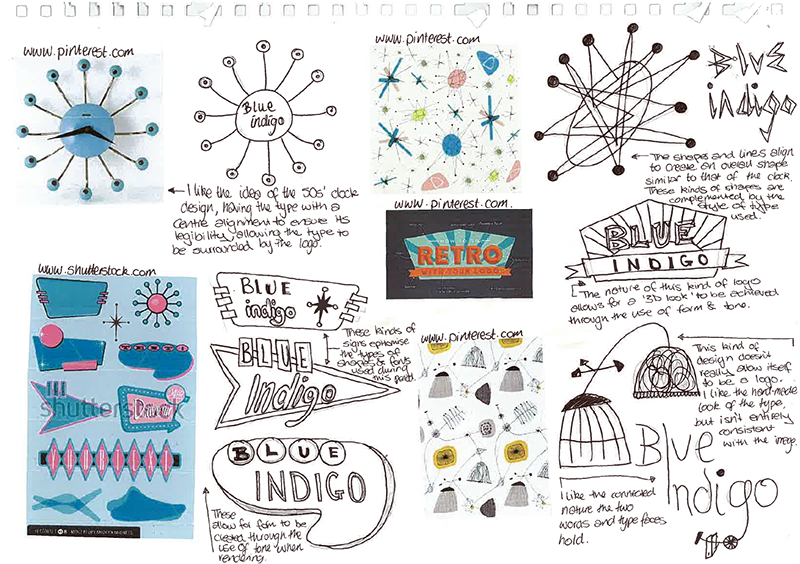 A collage of blue and black hand-drawn sketches, text, geometric patterns, and Blue Indigo lettering, along with retro and nautical-themed designs, notes, stars, and dots on a white notepad background.