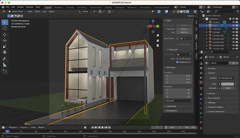 A 3D modeling software interface displays a modern two-story house model in a nighttime scene. Various tool panels and object lists are visible around the workspace.
