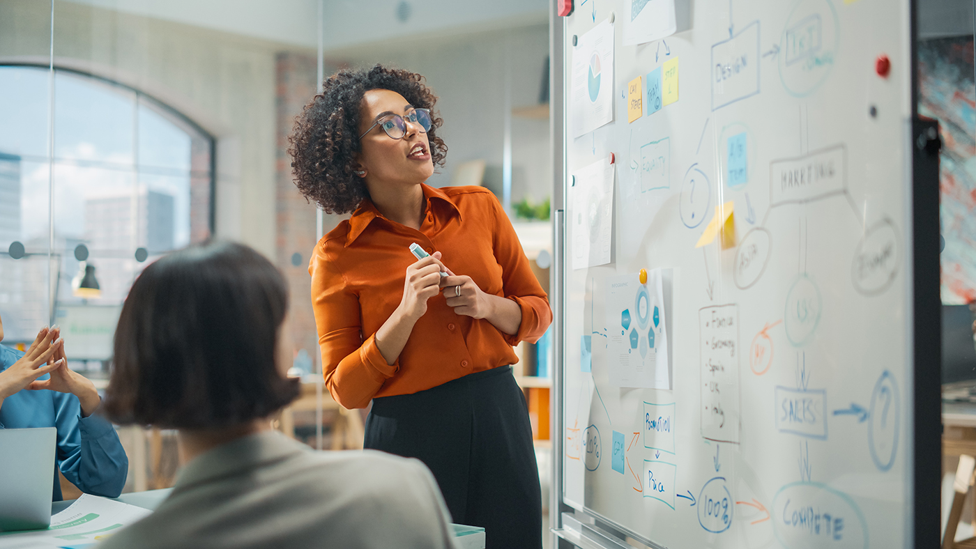 A woman in an orange shirt stands by a whiteboard covered with diagrams and notes, holding a marker and presenting to colleagues in a modern office meeting room.