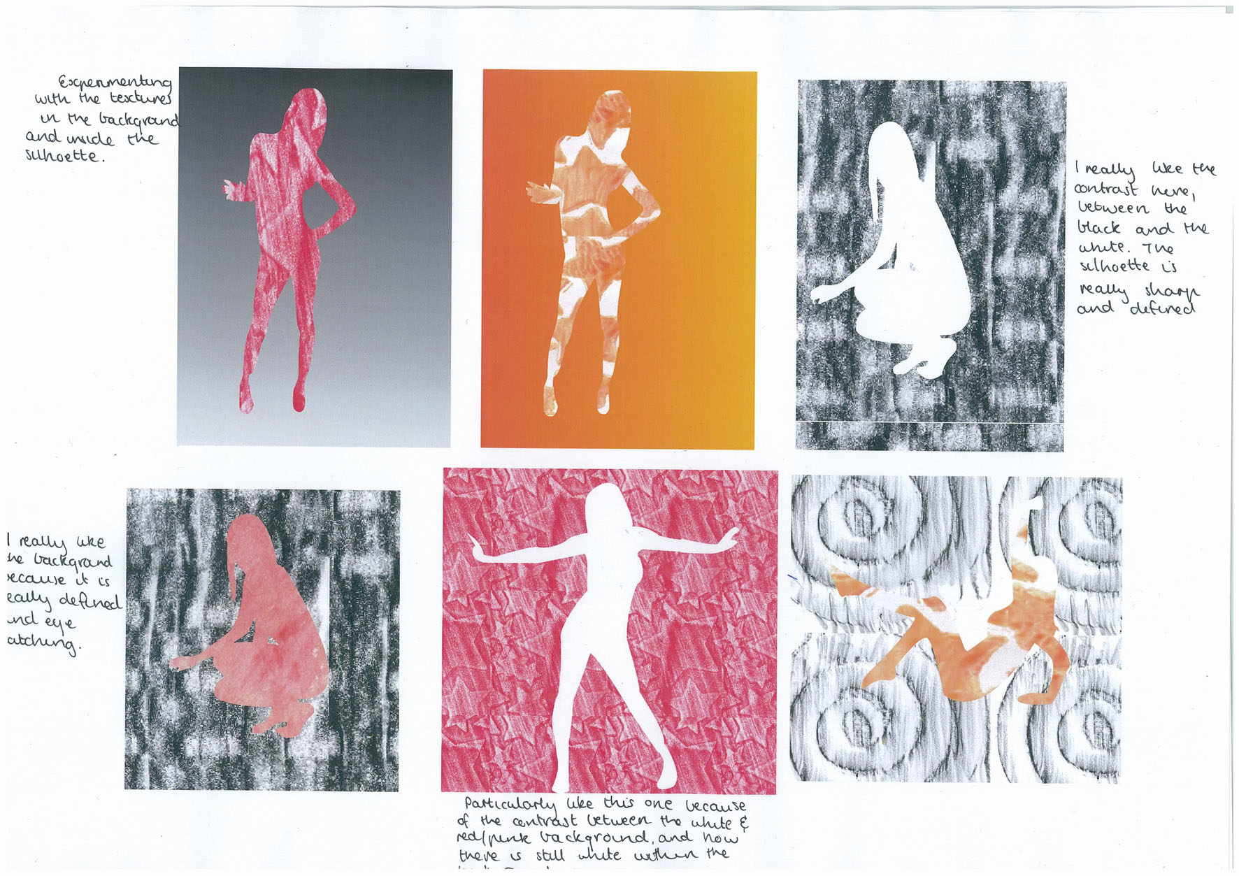 A collage of six panels shows female silhouettes in various poses, each over different textured or colored backgrounds. Handwritten notes discuss the artistic effects of texture, background, and silhouette definition.