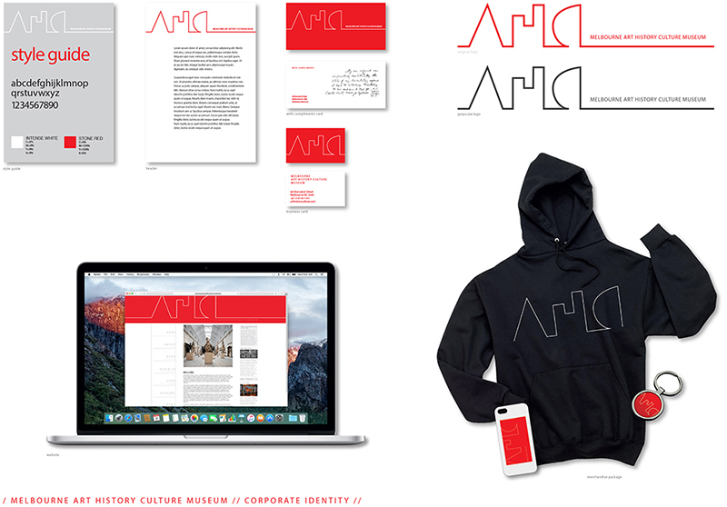 A branding mockup for the Melbourne Art History Culture Museum shows a style guide, stationery, logo designs, website displayed on a laptop, hoodie, and phone case, all featuring a modern red, black, and white color scheme.