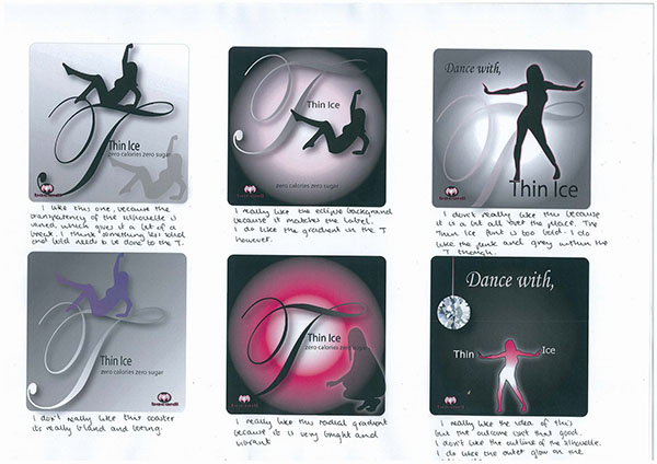 A scanned page displays six different Thin Ice logo designs, each featuring silhouetted female figures in various poses with stylized text and different gradient backgrounds. Handwritten notes are seen below each design.