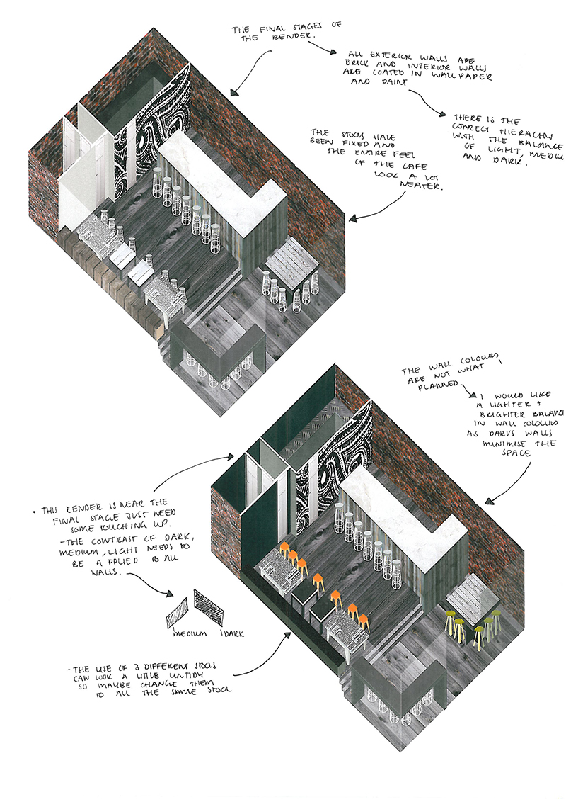 Two architectural renderings of a café interior show seating areas, counters, and decor with handwritten notes describing material choices, furniture layout, wall treatments, and design rationale. The space features a modern and eclectic aesthetic.