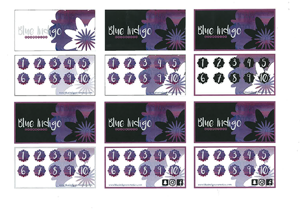 A sheet of twelve Blue Indigo loyalty cards in purple and black, each with ten circles numbered 1–10, some filled in, and social media icons at the bottom right of each card.