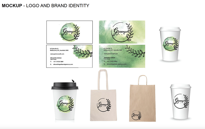 Mockup showing a green watercolor logo with leaves on business cards, coffee cups, and shopping bags for a brand called Greener. The logo and brand identity are unified across all items.