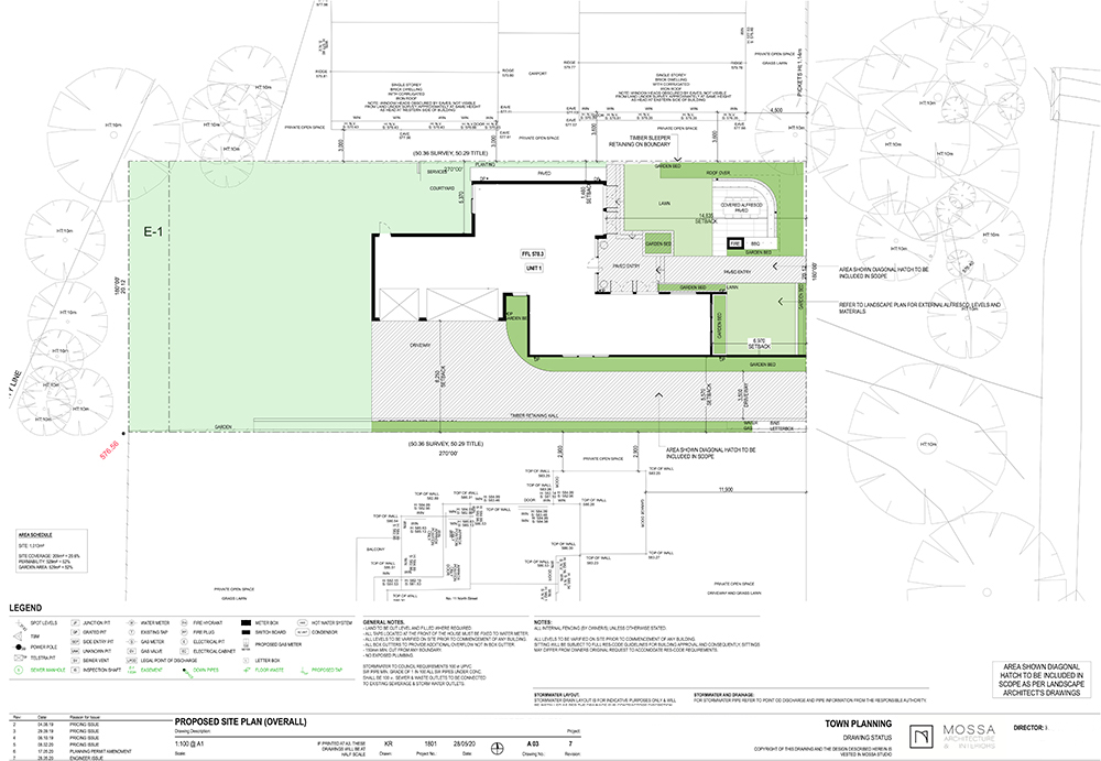 Architectural site plan showing the proposed design for a residential property, including building footprint, garden areas, surrounding trees, measurements, annotations, and legend, all detailed on a white background.