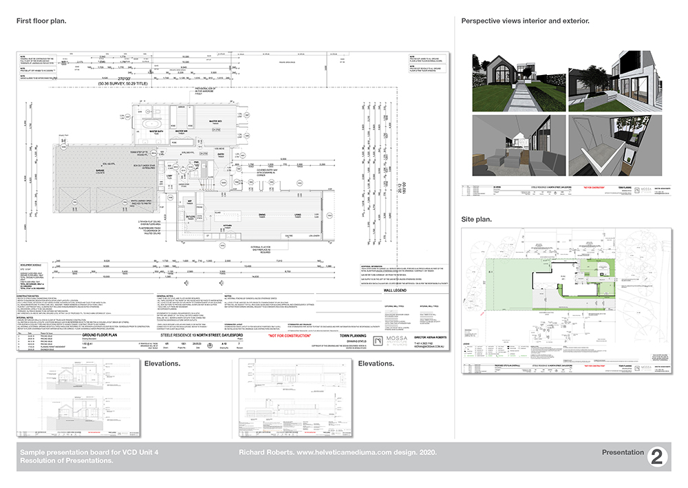 Architectural presentation board featuring a detailed first-floor plan, site plan, building elevations, and perspective renderings of a modern house, including interior and exterior views, with text and technical annotations.