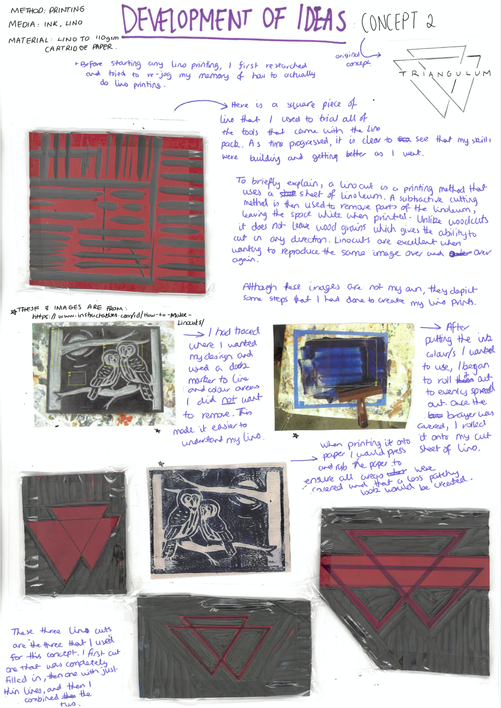 A sketchbook page titled Development of Ideas Concept 2 shows notes about lino printing, multiple photos of red and black abstract lino prints, and triangle logo sketches, with handwritten reflections surrounding the images.