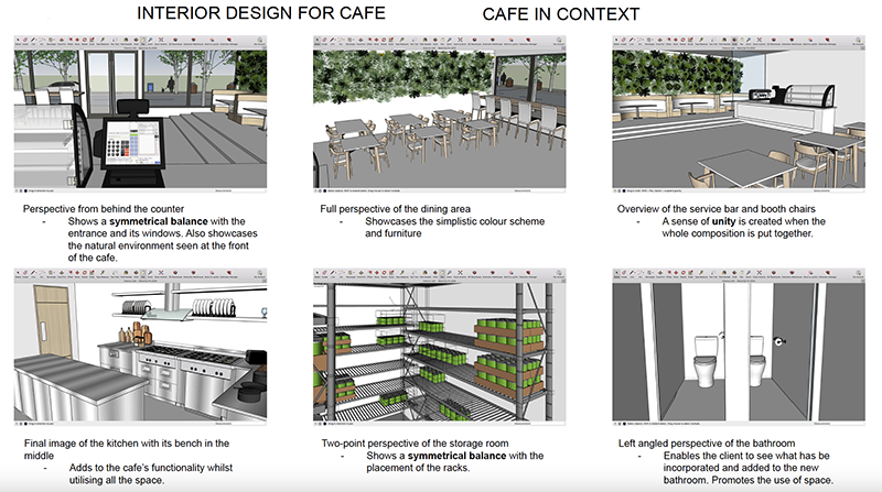 A collage of six screenshots showcases a 3D interior design for a cafe, including views of the counter, dining area, service bar, kitchen, storage room, and an accessible bathroom. Short descriptive texts accompany each image.