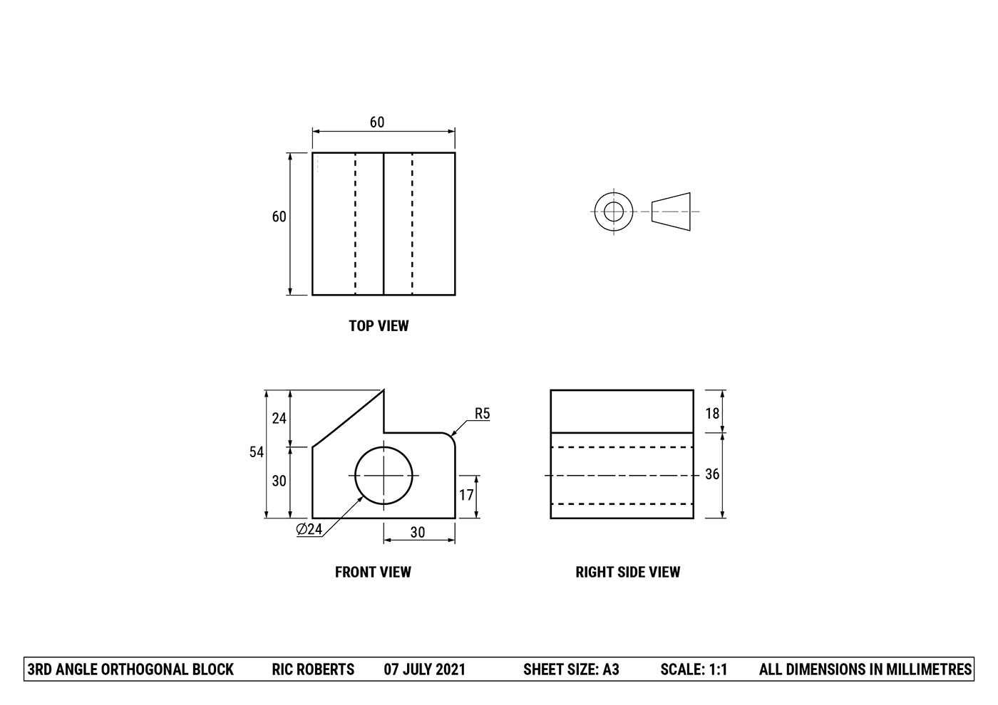 Engineering technical drawing of a 3rd angle orthogonal block showing top, front, and right side views with dimensions, including a circular hole, a radius edge, and labeled measurements in millimeters.