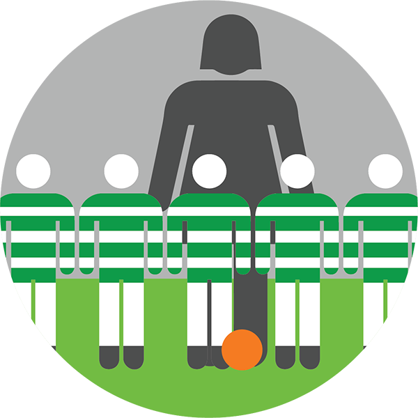 Illustration of five children in green and white striped sports uniforms standing in a row with an adult behind them, holding a ball on a green field.