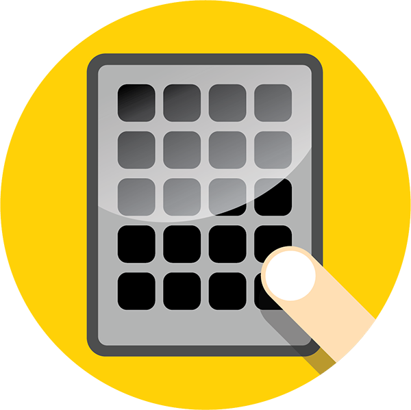 A flat illustration of a finger pressing a button on a gray keypad with four rows of buttons, set against a bright yellow circular background.