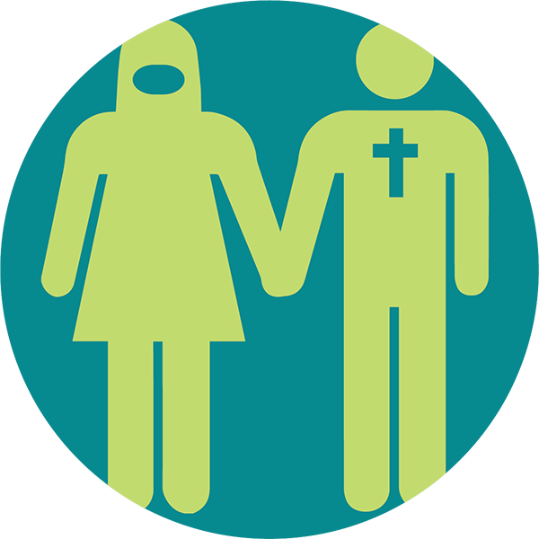 Two simplified figures, one wearing a headscarf and the other with a cross on their chest, stand side by side holding hands against a teal background.