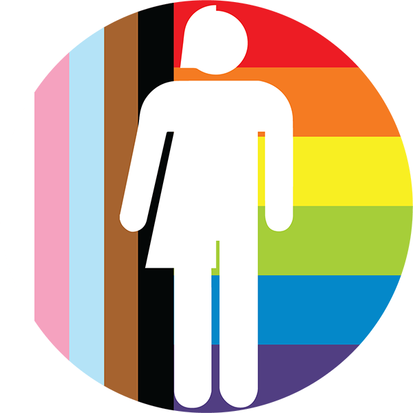 A white gender-neutral figure is centered. The background features the rainbow Pride flag and the black, brown, pink, blue, and white stripes representing diversity and transgender pride.