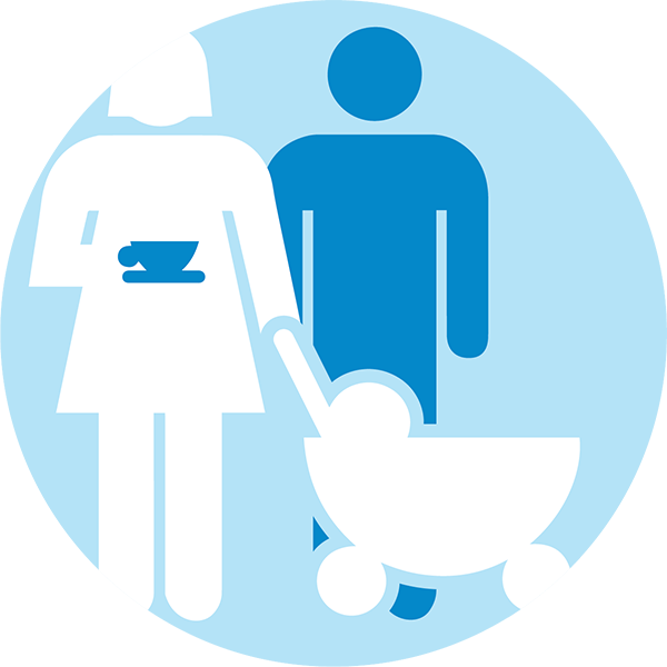 A simplified illustration designed for target audiences shows two adults, one pushing a baby stroller, on a light blue circular background. The figures are depicted in white and blue.
