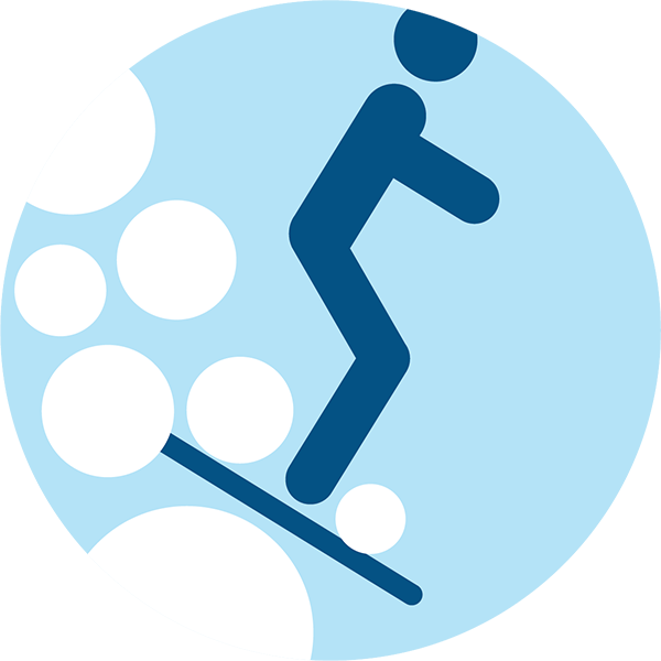 A simplified blue figure on skis descends a slope, surrounded by white circles representing snow, on a light blue background.