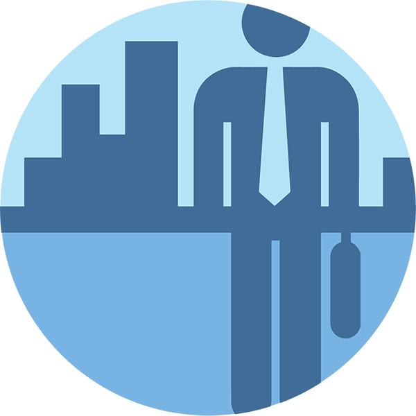 A blue, minimalist icon of a businessperson holding a briefcase, standing in front of a cityscape with tall buildings in the background.