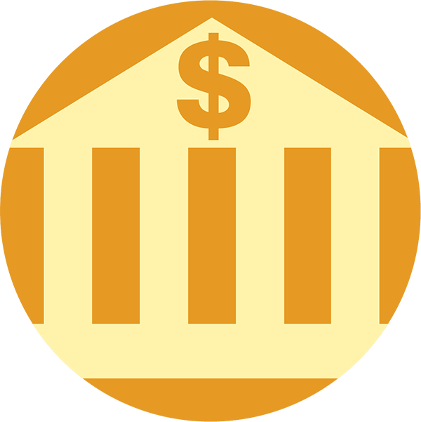 A stylized icon of a bank building in gold and yellow, featuring vertical pillars and a large dollar sign ($) at the top center.