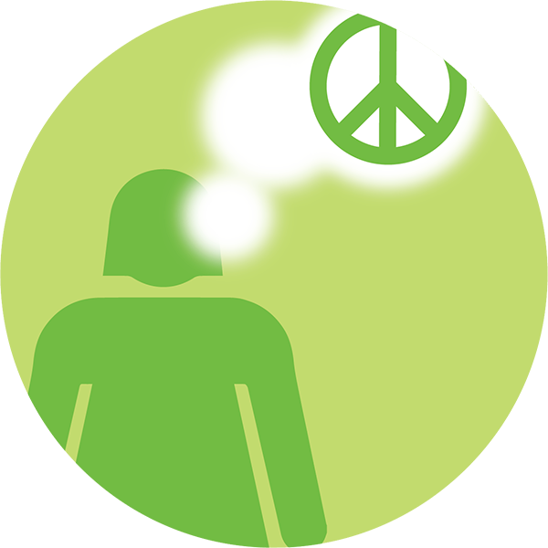 A green silhouette of a person with a thought bubble above their head containing a green peace symbol, all set against a light green background.