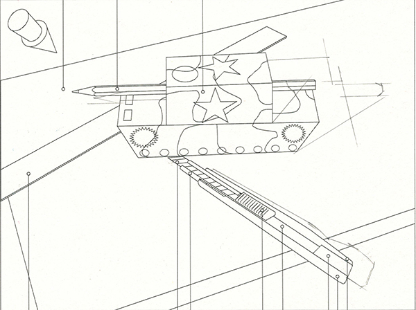 Line drawing of a geometric, camouflaged tank with large stars on its sides, angled diagonally and seemingly suspended on intersecting lines and beams. A small cone shape floats nearby in the upper left corner.