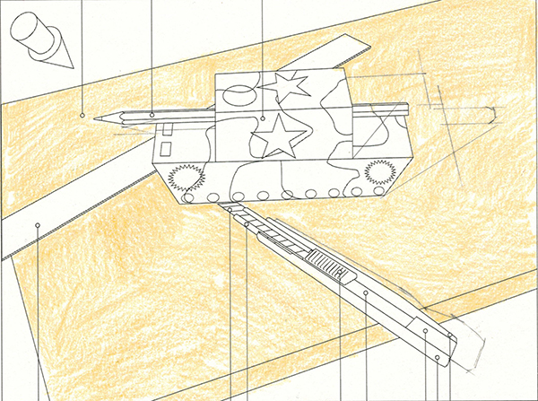 A hand-drawn tank with a camouflage pattern and stars moves up a ramp over a shaded yellow background. Geometric shapes and mechanical details are visible throughout the drawing.