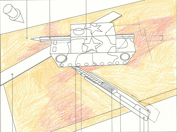 Line drawing of a toy tank with stars and gears on its body, positioned on an orange and yellow textured surface. The tank is partially on a slanted ladder or ramp, with a pencil above to the left.