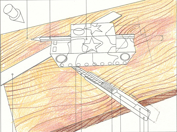 A line drawing of a tank with stars on it, positioned on a ramp over a brown, wood-textured surface. A pencil and other geometric shapes are sketched around the scene.