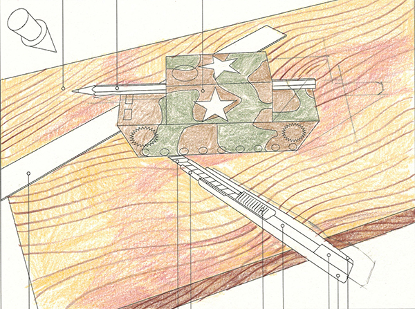 A colored drawing of a camouflage-patterned tank with white stars sits atop a textured wooden surface, with a pencil and ruler forming part of the tank’s structure. Construction and measurement lines are visible throughout the image.
