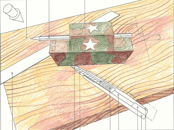 A camouflage-patterned tank model with white stars sits on a wooden surface, surrounded by drawing and measuring tools, including a ruler and a pencil, all depicted in a mixed drawing and coloring style.