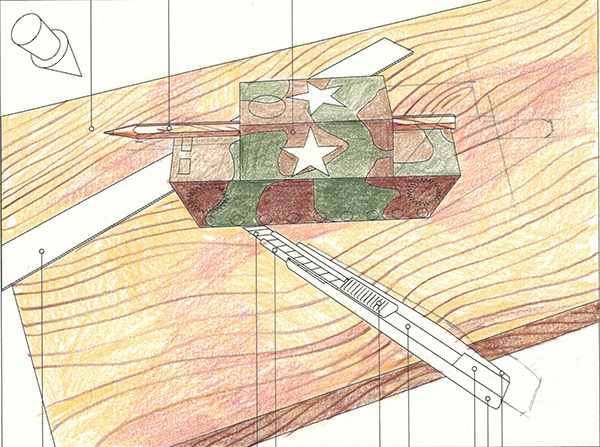 A colored pencil drawing of a camouflage-patterned tank with white stars, placed on a wooden surface. The image includes geometric lines and shapes, blending technical and artistic elements.