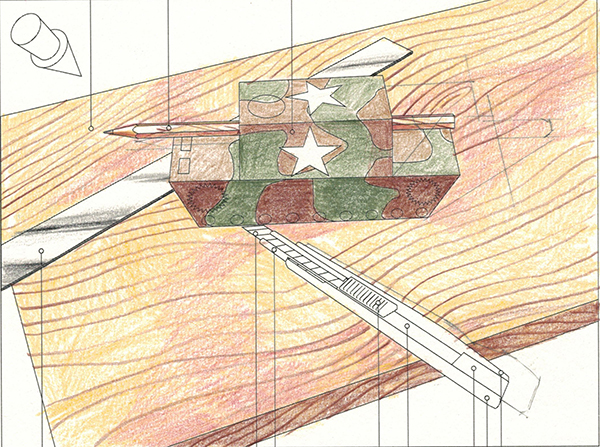 A colored pencil drawing of a camouflaged tank with white stars, seen from above on a brown and yellow wood-patterned background, with geometric lines and shapes sketched around it.