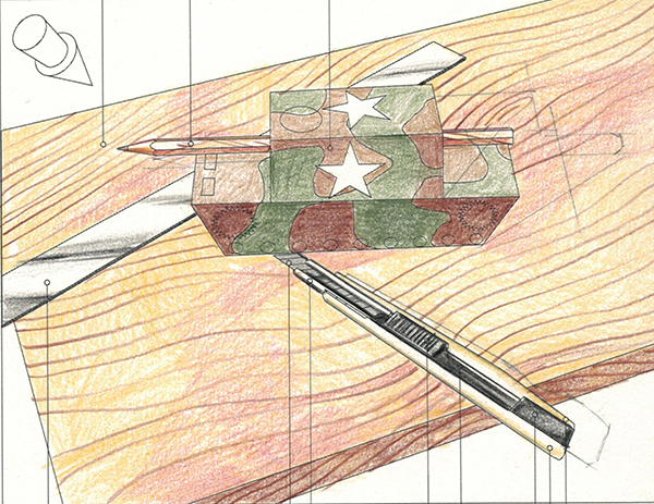A drawing of a camouflage-painted toy tank with white stars rests on a wooden surface. A utility knife and pencil are also visible, and the scene features visible pencil lines and shading.
