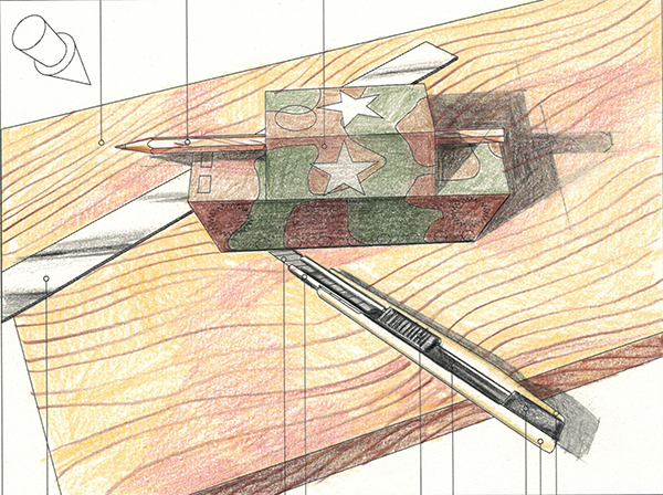 A colored pencil drawing of a camouflaged tank with white stars, viewed from above, sits on a wood grain surface. A pen and a pencil are placed diagonally beside the tank.