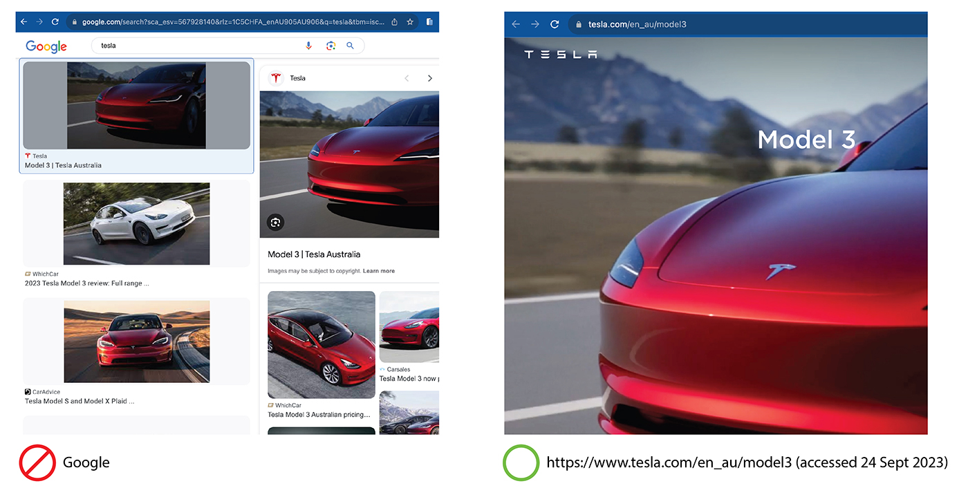 A Google image search for tesla shows Tesla Model 3 photos, while the official Tesla website displays a close-up of a red Model 3 on its Model 3 page.
