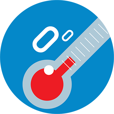 A round blue icon featuring a thermometer with a red bulb and scale, alongside a white percent sign, indicating measurement or monitoring, possibly related to humidity or temperature.